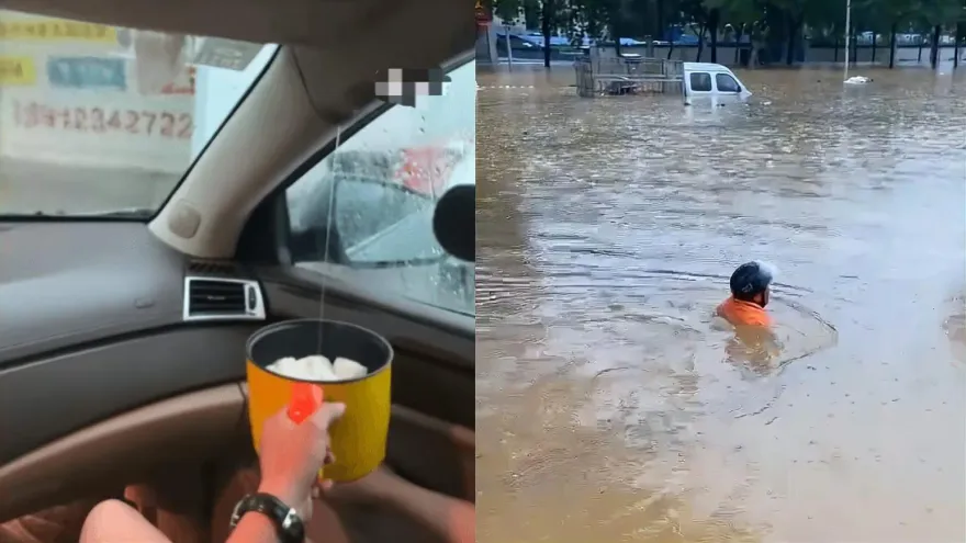 影/雨彈狂炸廣東「積水沒脖」行人推車前行　「小蠻腰」1小時連接6次閃電