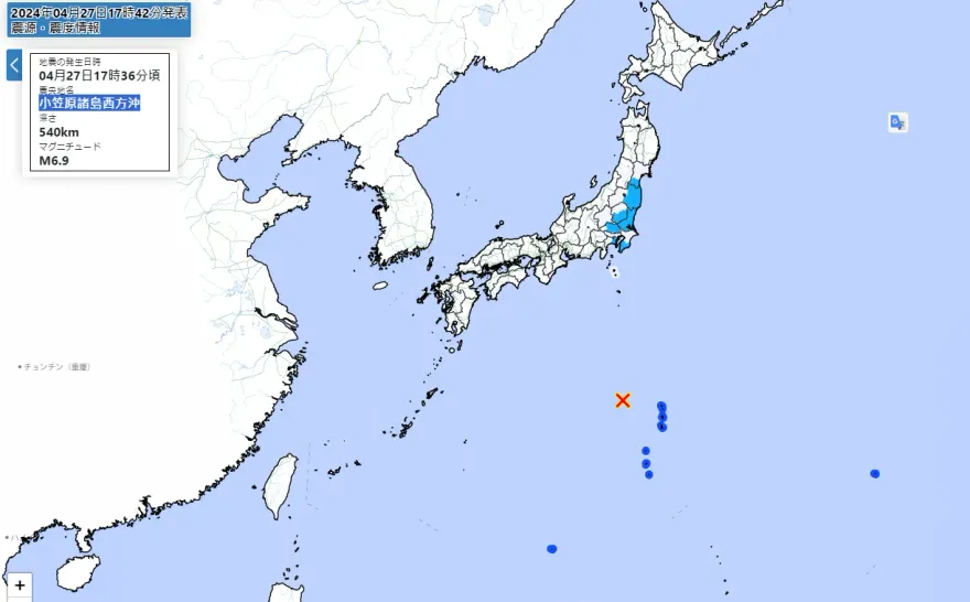 快訊/日本外海規模6.9地震　東京最大震度3級