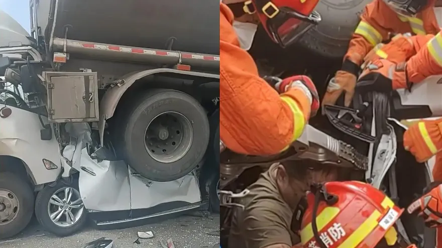 影/驚悚現場曝！5車連環撞「轎車遭夾擊擠扁」　目擊者：車上3人奇蹟生還