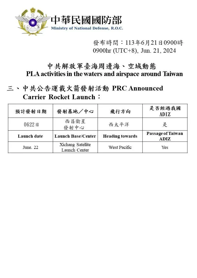 顧立雄部長上任後　國防部二度預告大陸發射火箭