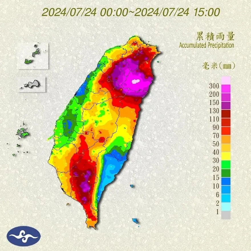 今日累積雨量前50測站出爐！「25個在宜蘭」　雨量圖一片紫