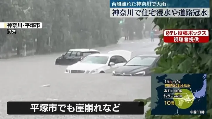 影/珊珊颱風來襲日本暴雨下不停！神奈川停車場成水鄉澤國汽車慘泡水