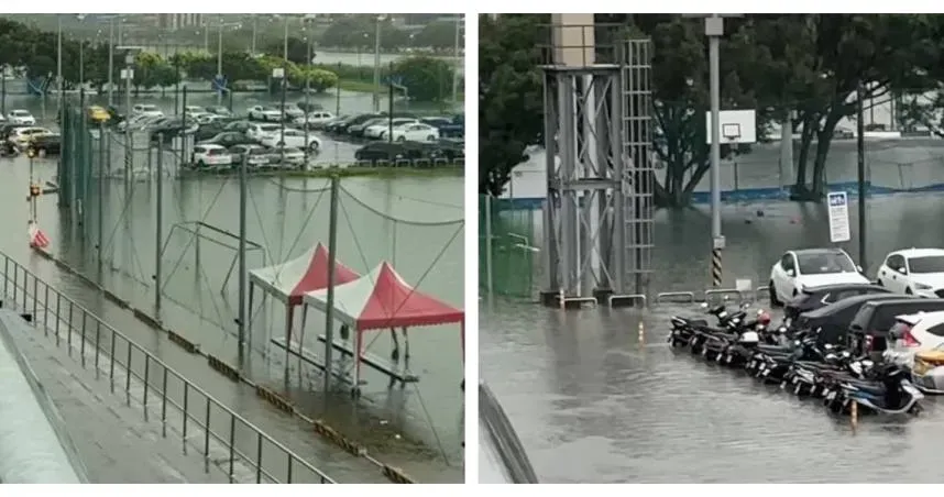 豪雨肆虐！士林百齡橋「汽機車整排泡水」　籃球場慘被積水覆蓋