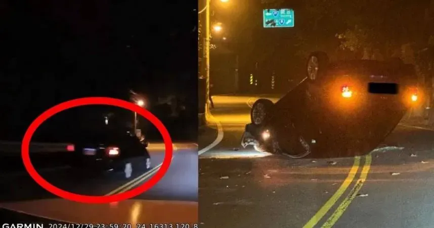 南投轎車跨雙黃線超車失控烏龜翻！網笑：這不能停車喔