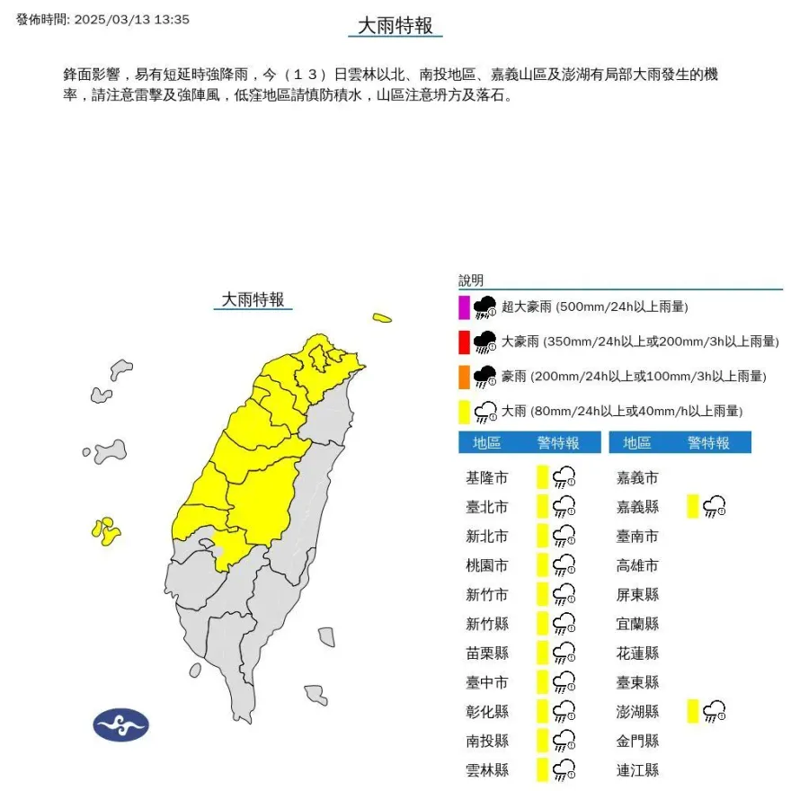 雨區擴大！13縣市大雨特報　大雷雨+強陣風狂襲3地