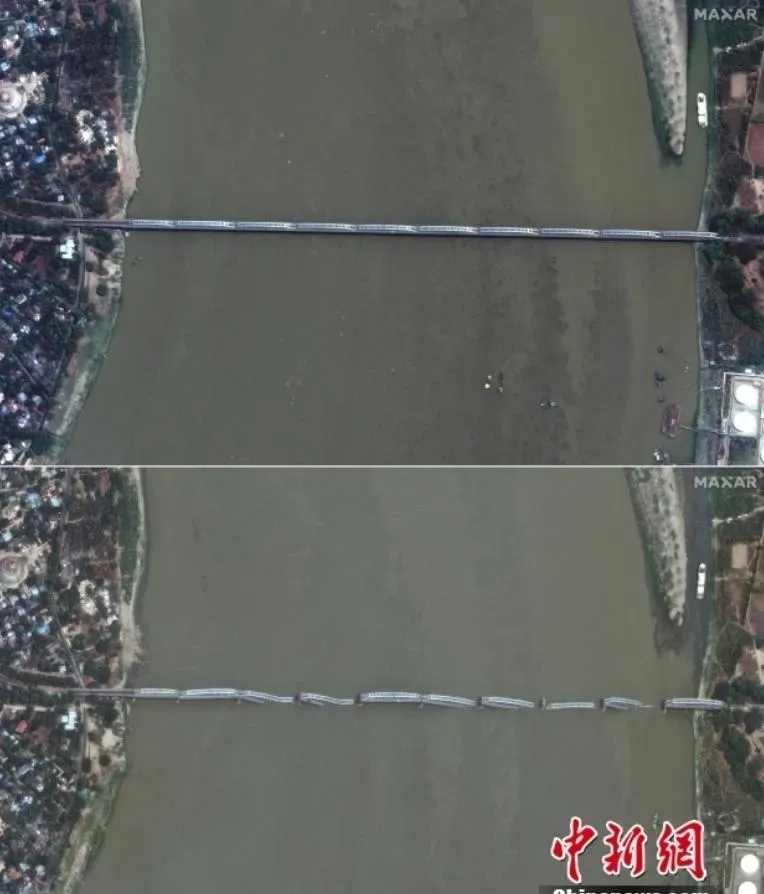 緬甸強震前後衛星照驚人對比！河面大橋斷成多截、建築群變平地