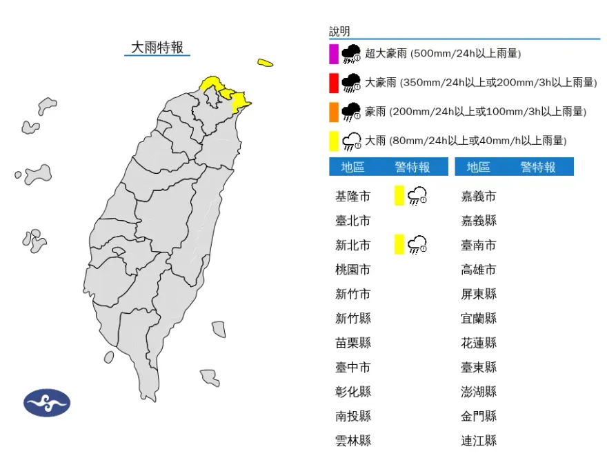 基隆市、新北市大雨特報　雨彈一路炸到晚上