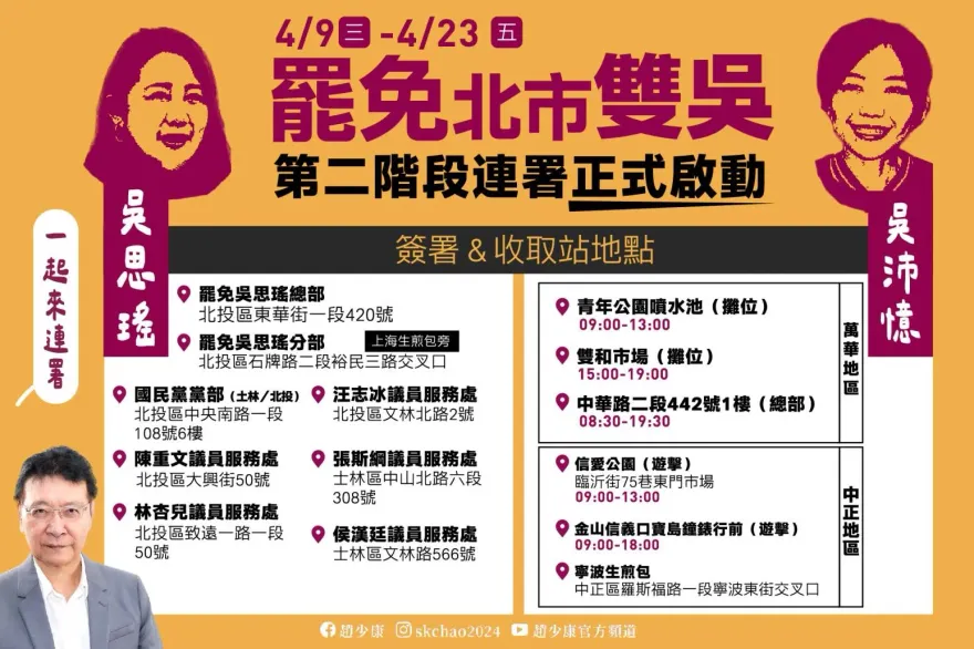 罷免雙吳過不了二階？戰鬥藍出手　趙少康：綠營笑掉大牙