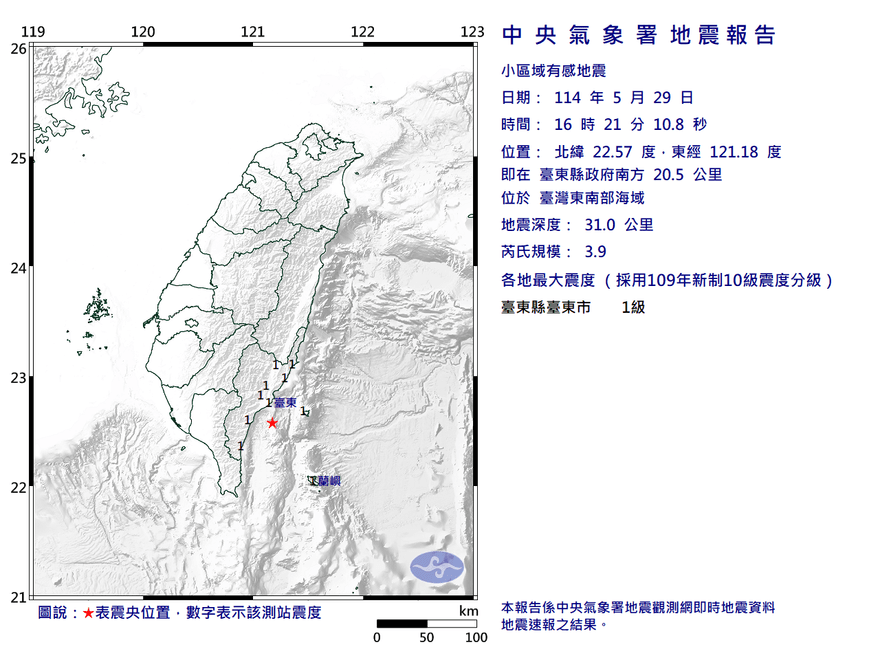 地牛翻身！16:21東南部海域規模3.9地震　最大震度1級