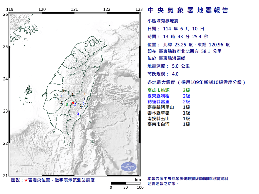 11分鐘連2震！台東海端13:43規模4地震　7縣市有感