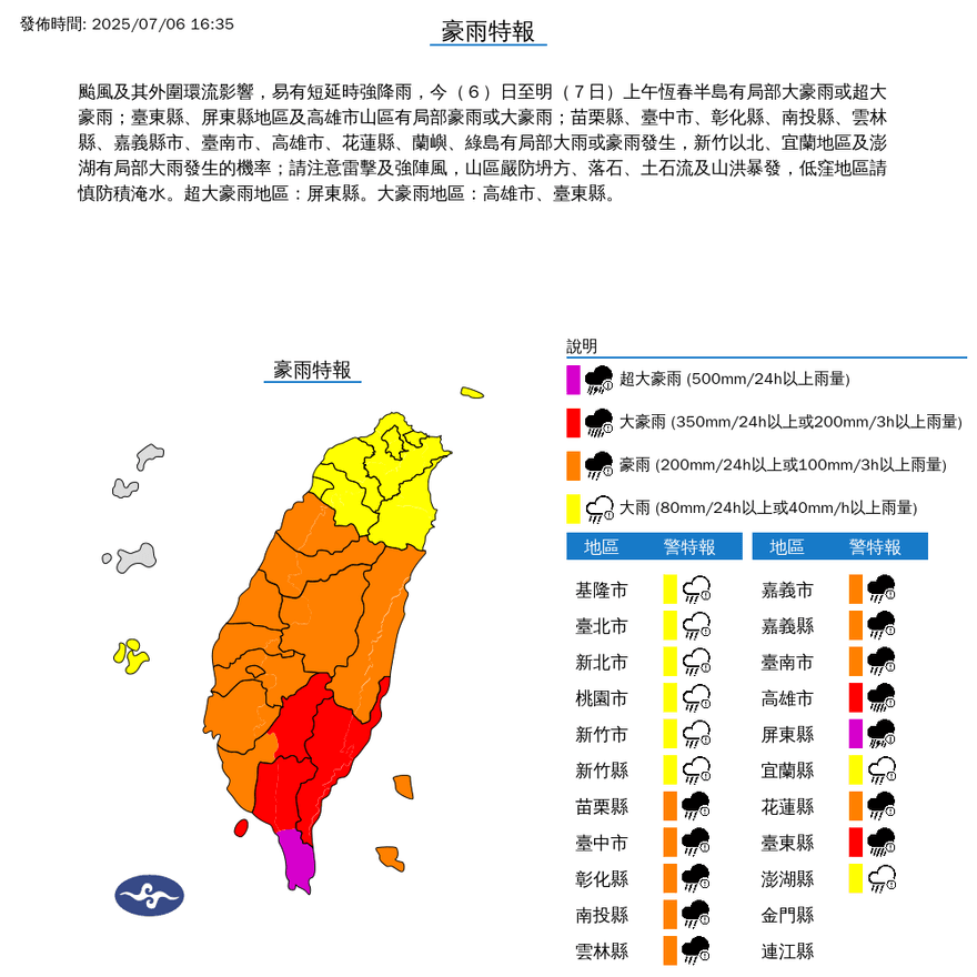 中颱丹娜絲全台強降雨！屏東紫爆超大豪雨　南台嚴防災情