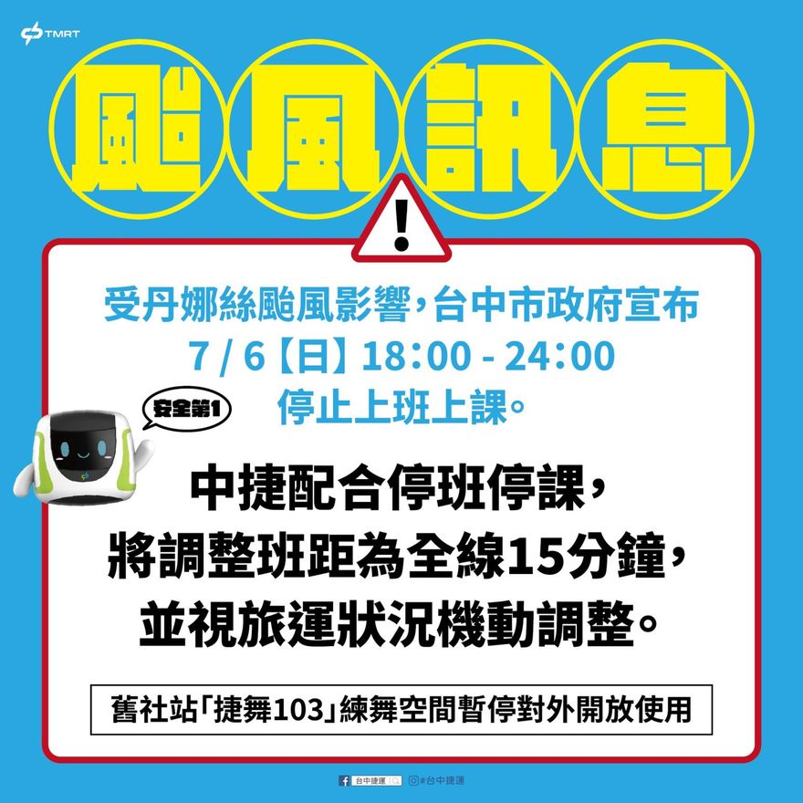 丹娜絲颱風來襲！台中捷運今晚班距調整為「每15分鐘一班」