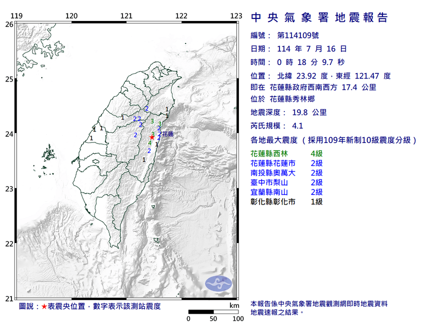 半夜地牛翻身！花蓮縣00：18發生規模4.1地震　最大震度4級
