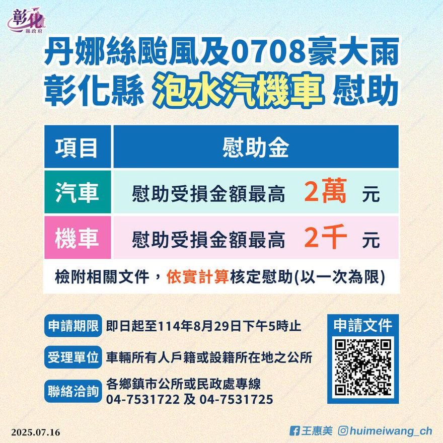 颱風丹娜絲影響！彰化慰助「泡水汽機車」最高2萬