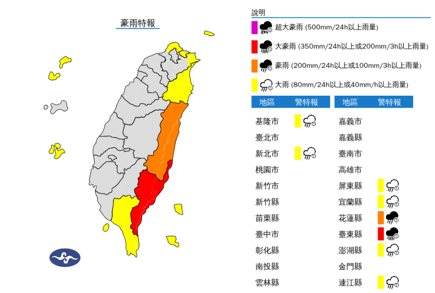 東半部地區注意！8縣市豪大雨　台東紅色警戒