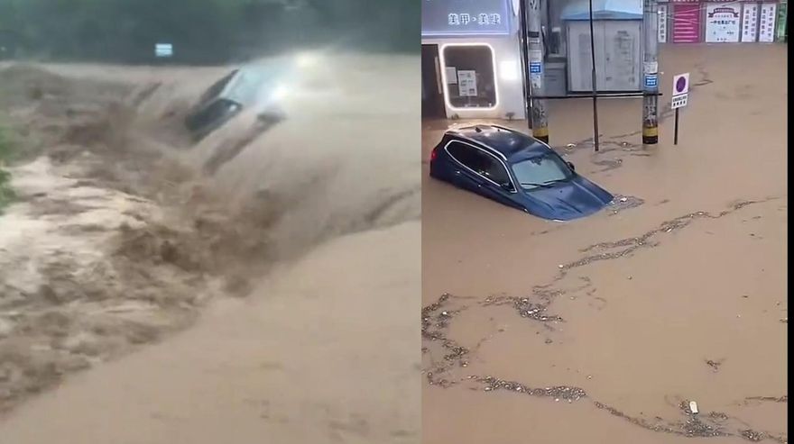 影/暴雨襲河北！山洪爆發車輛被沖走　居民崩潰：開車像開船