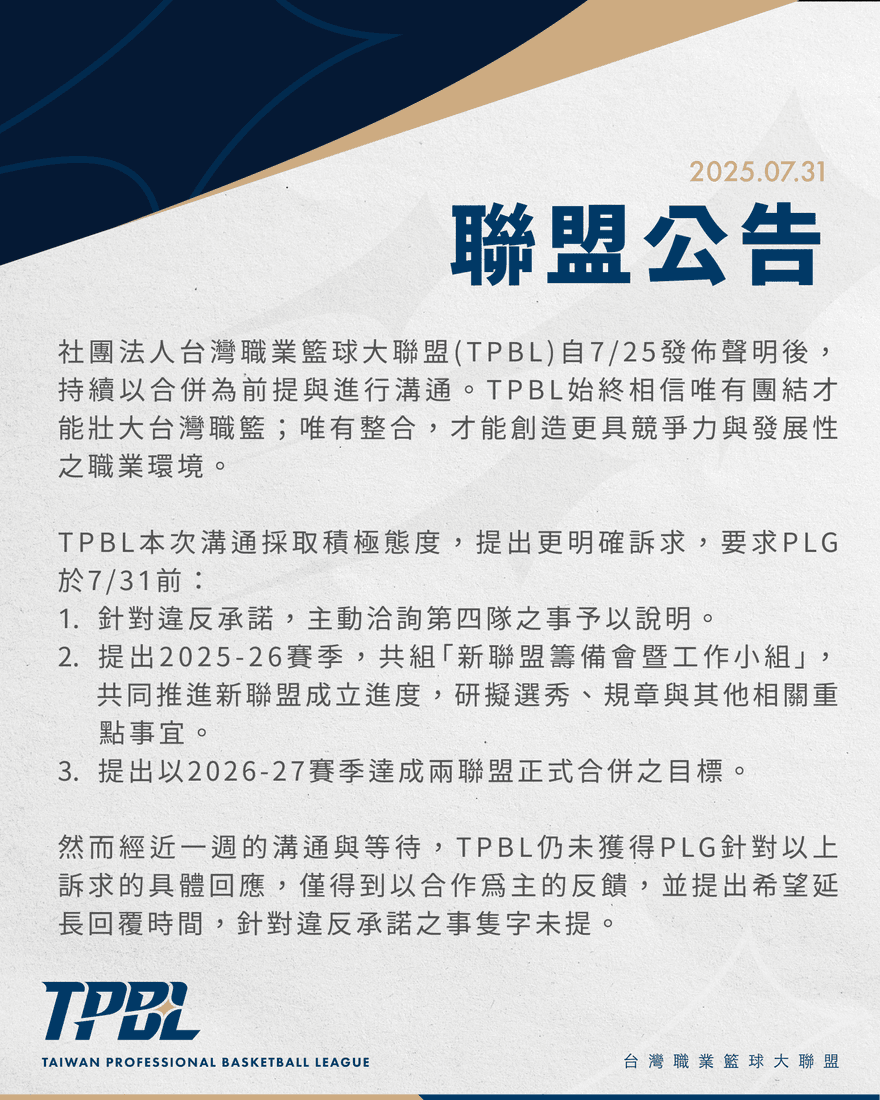 台職籃雙聯盟合併確定破局！TPBL不忍了：PLG偷找第4隊仍沒解釋