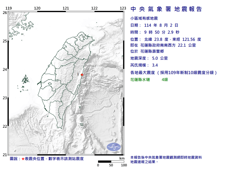 又震了！花蓮09:50規模3.4「極淺層地震」　最大震度4級