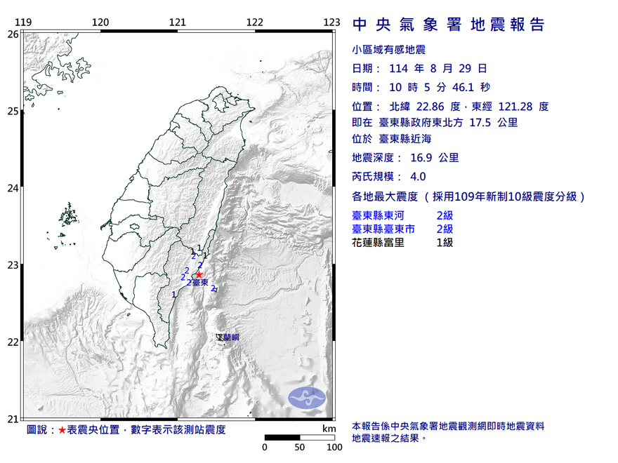 台東縣近海10:05發生規模4地震　最大震度2級