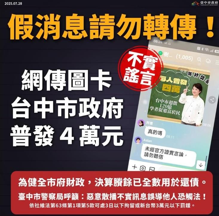 男子發文「台中普發4萬」遭送辦　法官：言論自由不罰