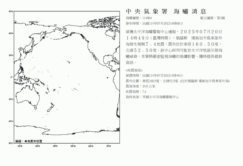 俄羅斯堪察加半島7.4強震！　氣象署發布海嘯預警