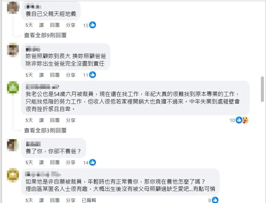 網友留言認為原PO應該要照顧老爸。(圖/翻攝自臉書社團「匿名3公社」)