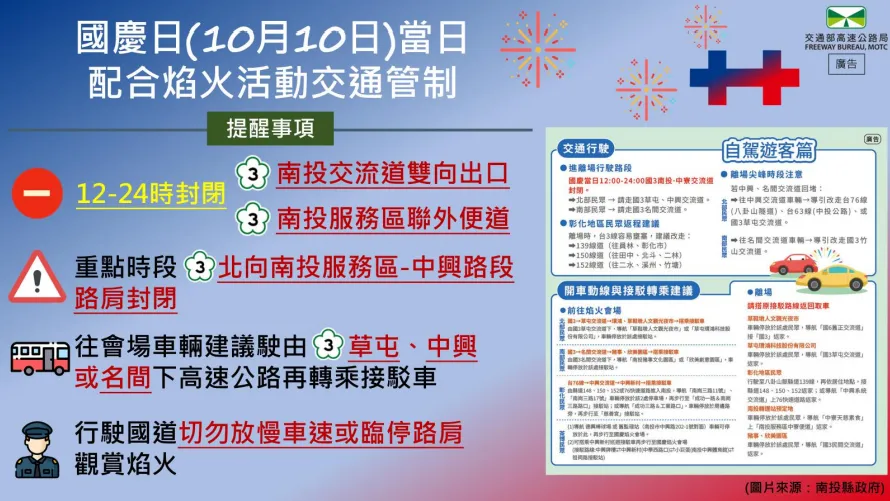 114年國慶焰火國道疏導措施及提醒事項。（圖／高公局提供）
