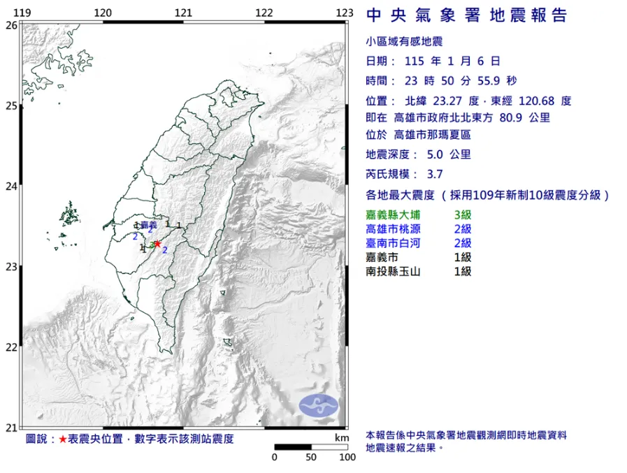 高雄那瑪夏晚間發生規模3.7地震，嘉義最大震度3級。（圖／氣象署）