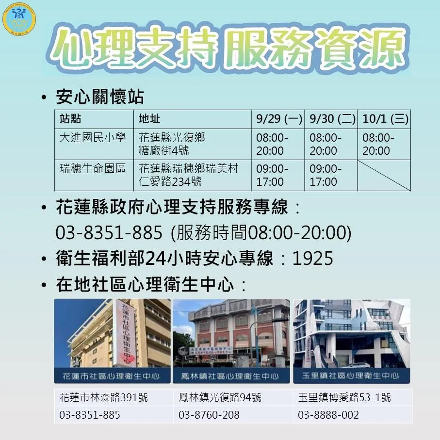 花蓮縣衛生局隨即派遣心理專業人員進駐收容所及瑞穗生命園區,設立「安心關懷站」。(圖/衛福部)