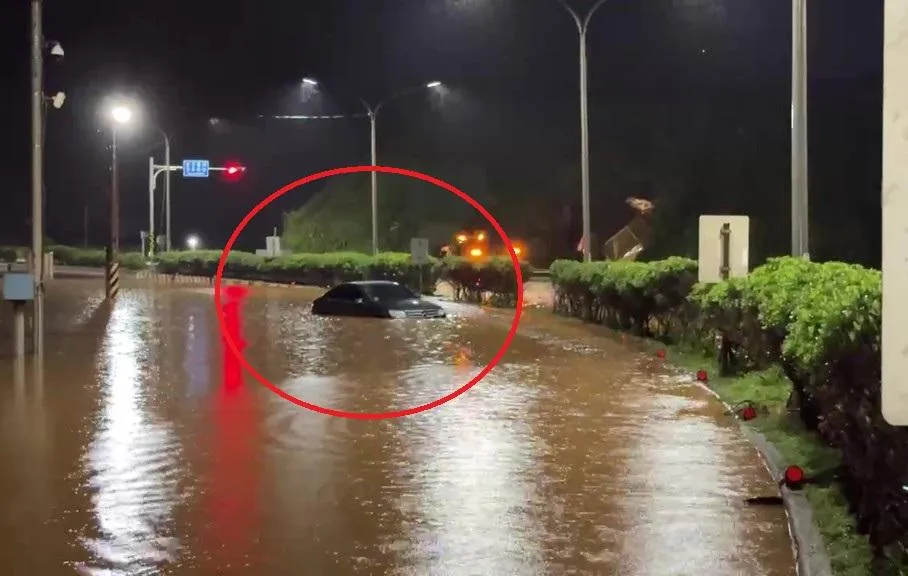 畫面可見轎車幾乎被雨水淹沒。(圖/翻攝畫面)