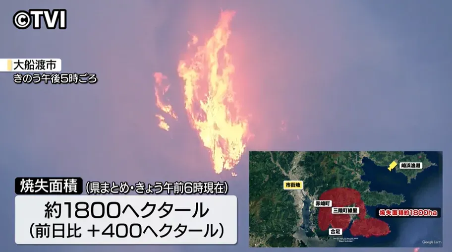 截至2日，日本岩手縣山火的火場面積已擴大至1800公頃。（圖／NNN）