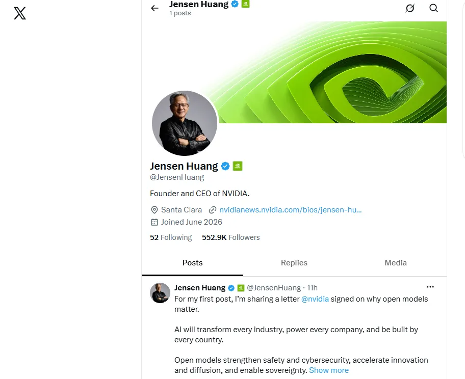 輝達（NVIDIA）執行長黃仁勳啟用他的社群平台X帳號吸引大批網友朝聖。（圖／翻攝Ｘ）