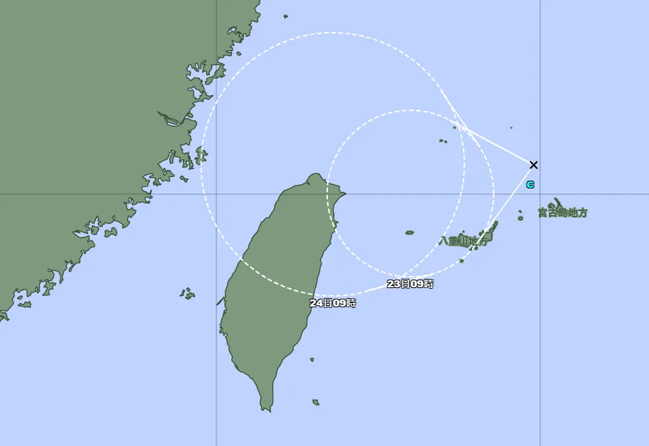 台灣東北方海面的熱帶性低氣壓，預估最快明天增強為颱風。（圖／翻攝自日本氣象廳）
