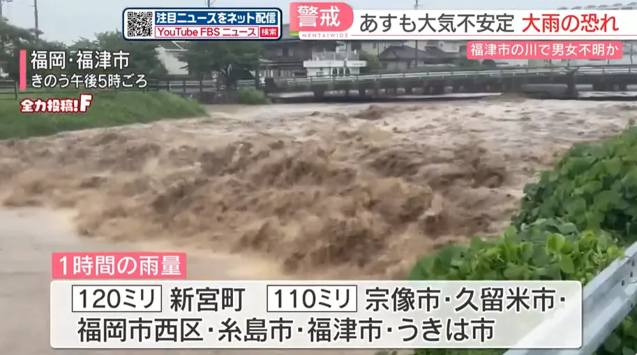 福津市一對60多歲男女疑被河水沖走。（圖／NNN）