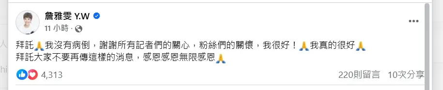 詹雅雯發文闢謠。（圖／翻攝自詹雅雯臉書）