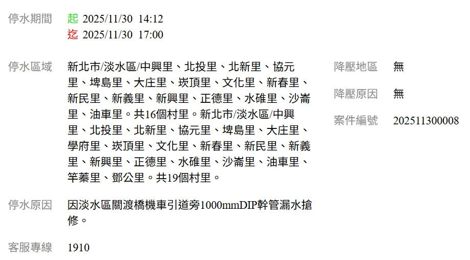 台水公司30日公告，新北市淡水區16里停水狀況將於傍晚5時解除。（圖／翻攝自台灣自來水公司官網）