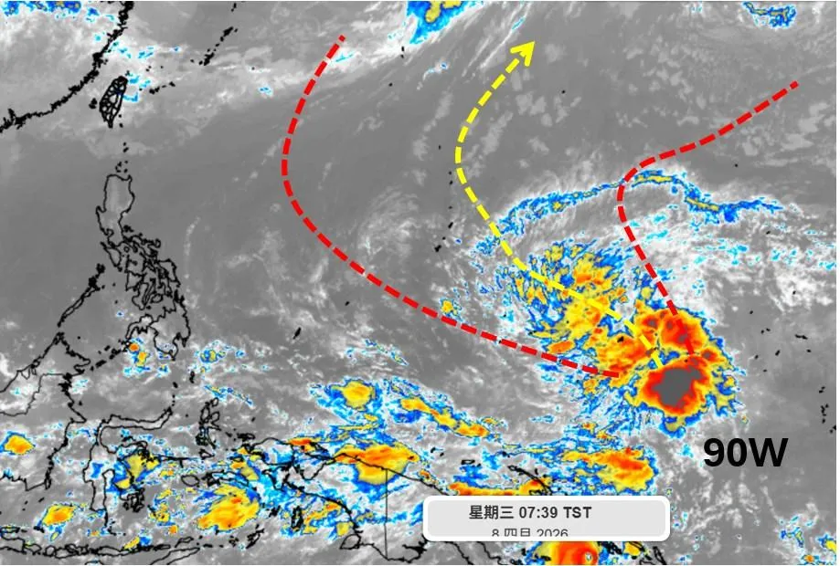 熱帶擾動90W有機會變颱風，路徑上將以拋物線轉向為主。（圖／翻攝自「天氣職人-吳聖宇」臉書）
