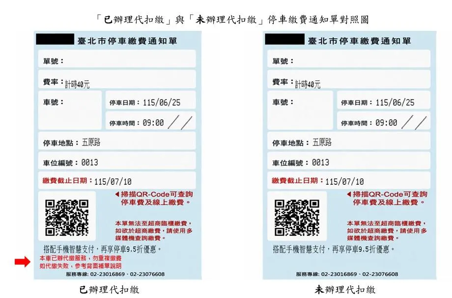 「已辦理代扣繳」與「未辦理代扣繳」停車繳費通知單對照圖。（圖／台北市停車管理工程處）