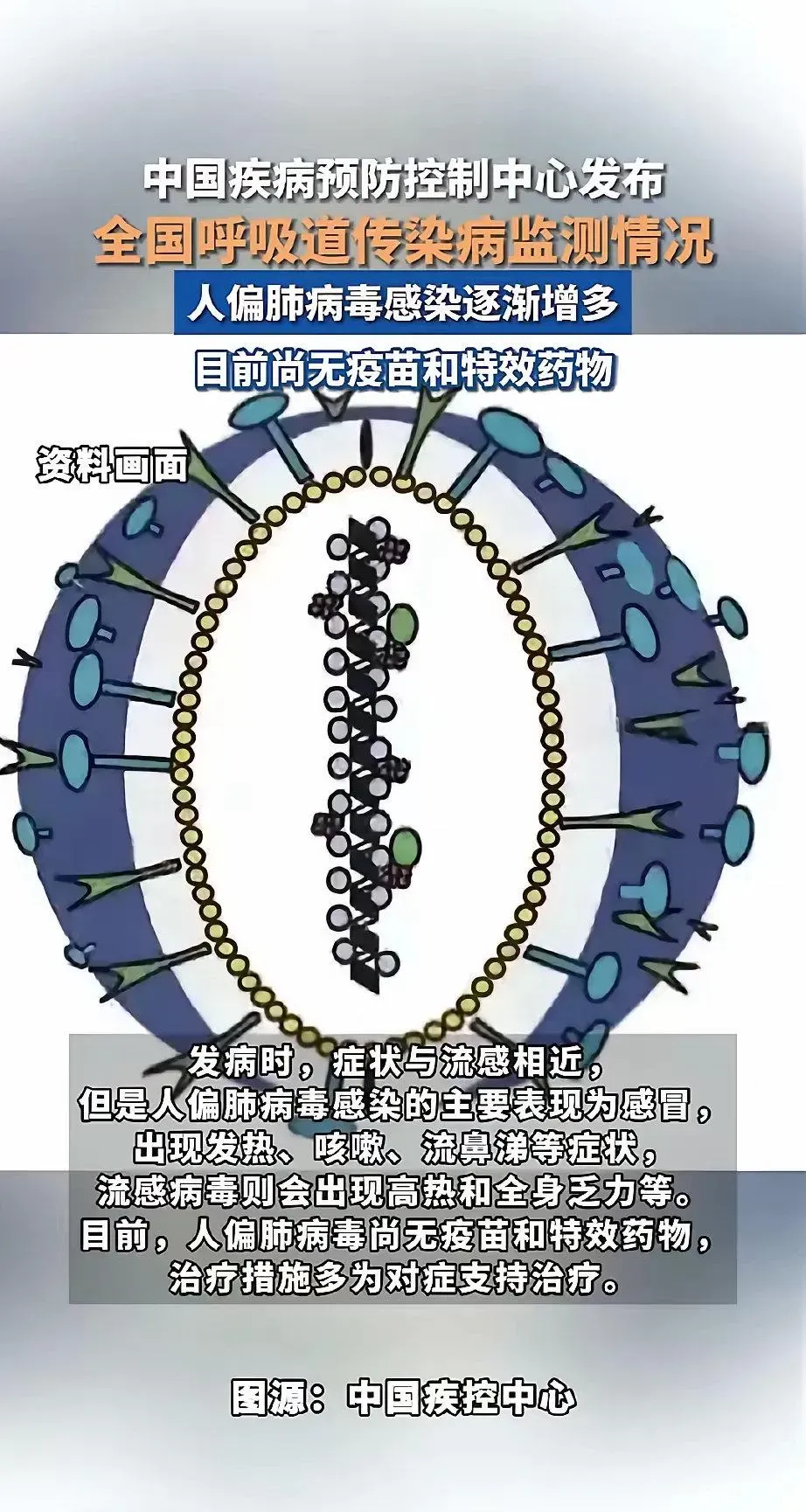 人類間質肺炎病毒(大陸稱「人偏肺病毒」)尚無疫苗和特效藥物。(圖/翻攝自微博)