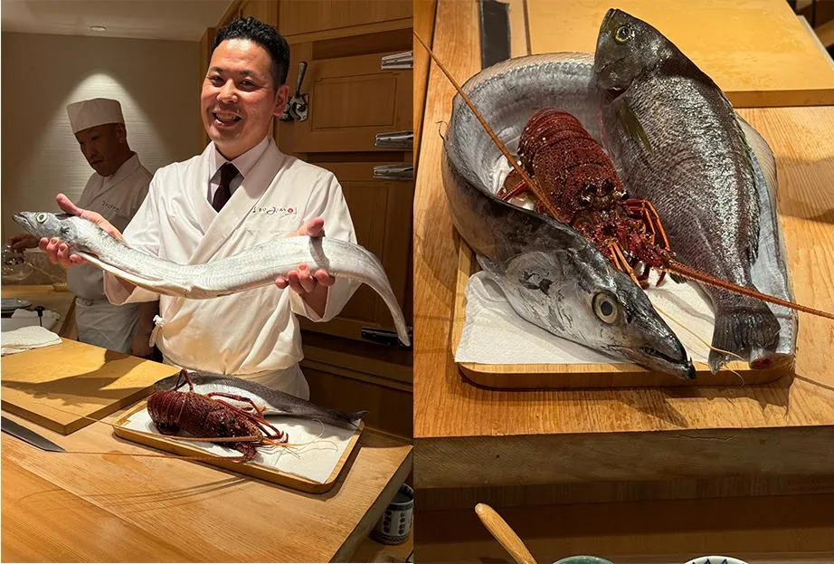長岡料理長自豪展示天物食材太刀魚、三線磯鱸、澳洲「水姑娘」。（圖／黃宏輝提供）