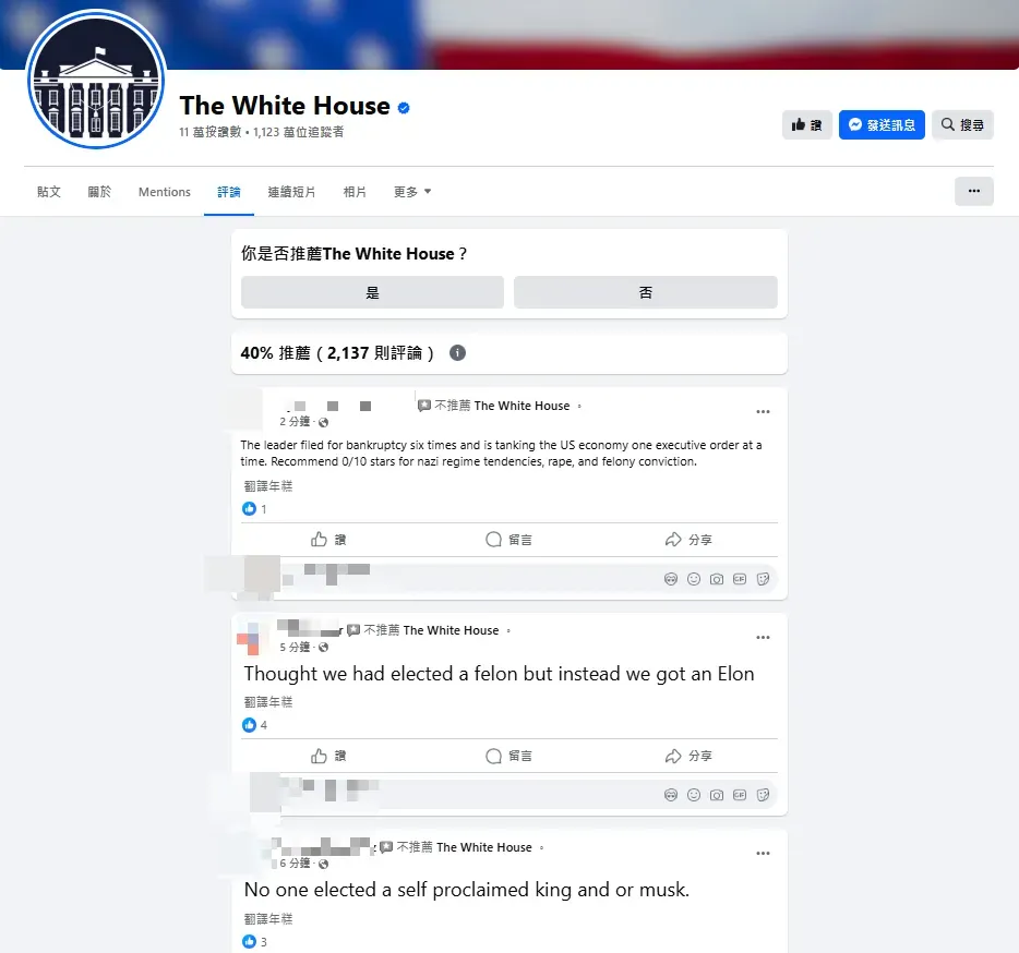 白宮臉書遭網友灌爆「一星負評」。（圖／翻攝自FB@WhiteHouse）