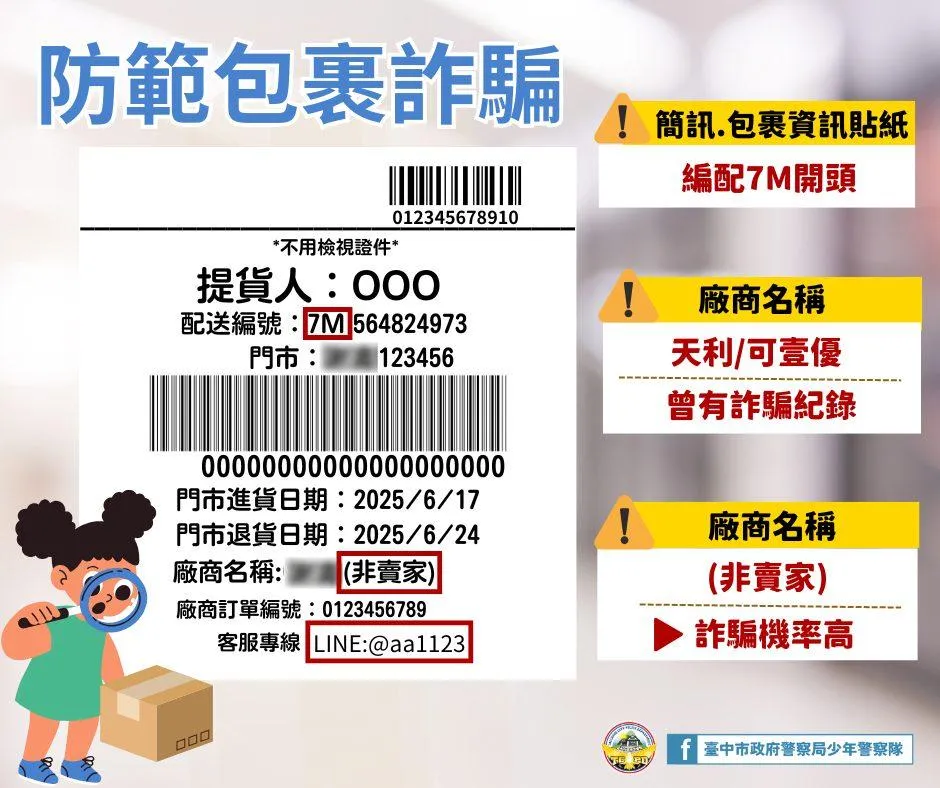 臺中市政府警察局少年警察隊分享5個辨識「包裹詐騙」的關鍵。（圖／翻攝自臺中市政府警察局少年警察隊臉書粉專）