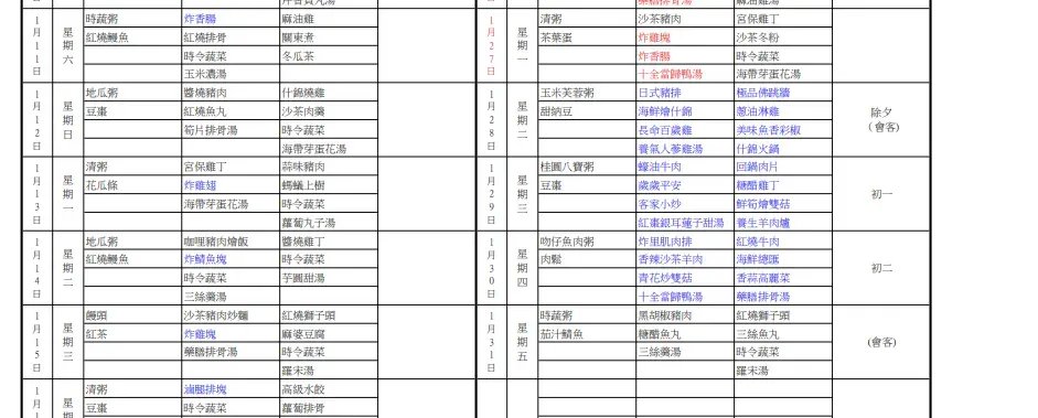 北所公布的菜單。(圖取自北所網站)