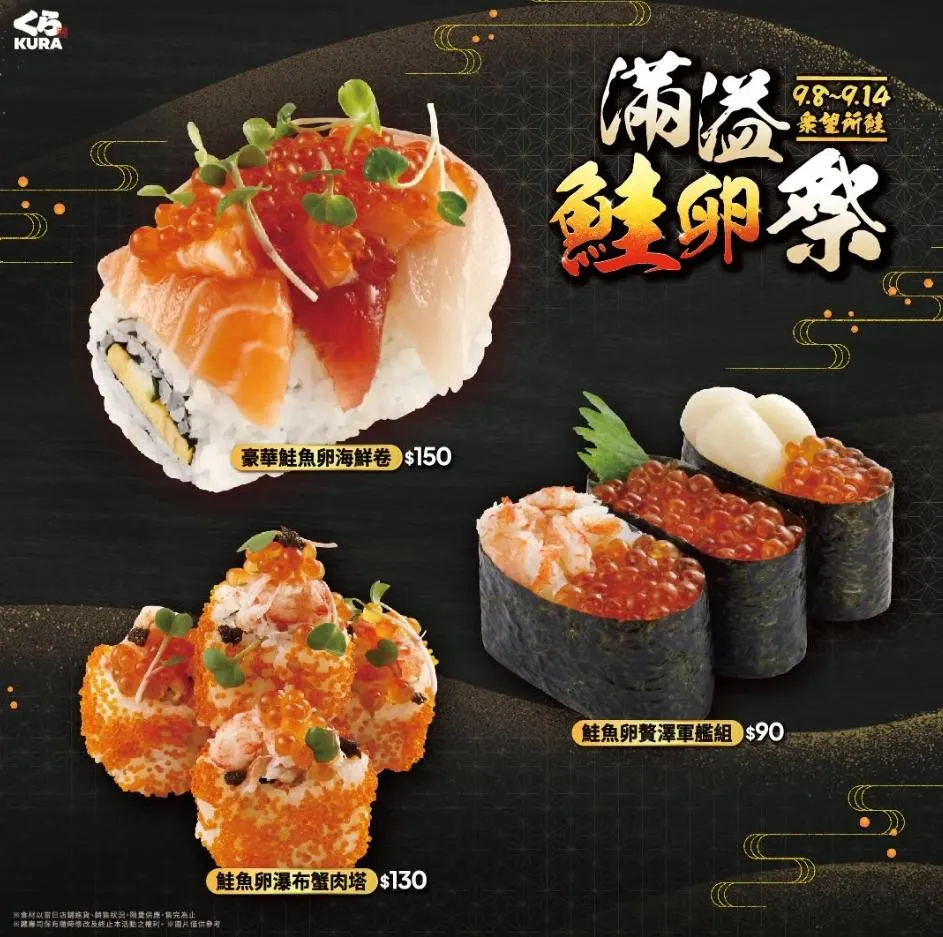 藏壽司自 9 月 8 日至 9 月 14 日止，打造一系列浮誇系鮭魚卵新品，包括 150 元的「豪華鮭魚卵海鮮卷」、90 元的「鮭魚卵贅澤軍艦組」，以及 130 元的「鮭魚卵瀑布蟹肉塔」。（圖／藏壽司提供）