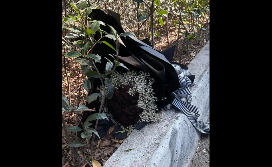 有民眾在公園看到一束黑玫瑰被丟在路邊。(圖/翻攝自臉書/路上觀察學院)