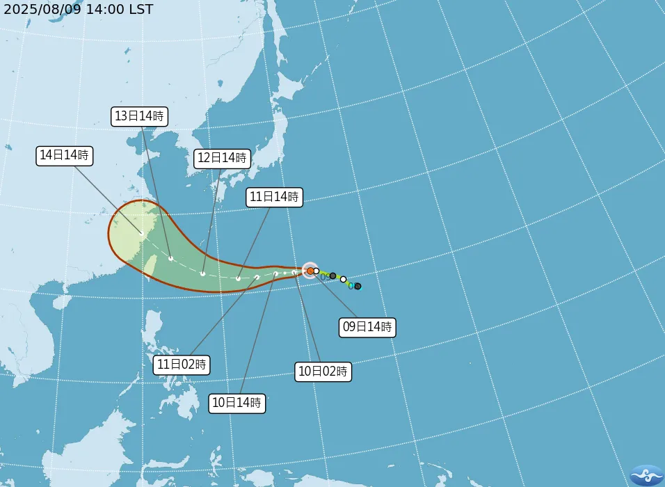 楊柳颱風9日下午2時位在台北東方2090公里處,持續往西前進。(圖/翻攝自中央氣象署官網)