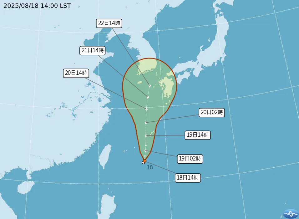 熱帶性低氣壓TD15已在18日上午生成，預計19日清晨前增強為玲玲颱風。（圖／翻攝自中央氣象署官網）