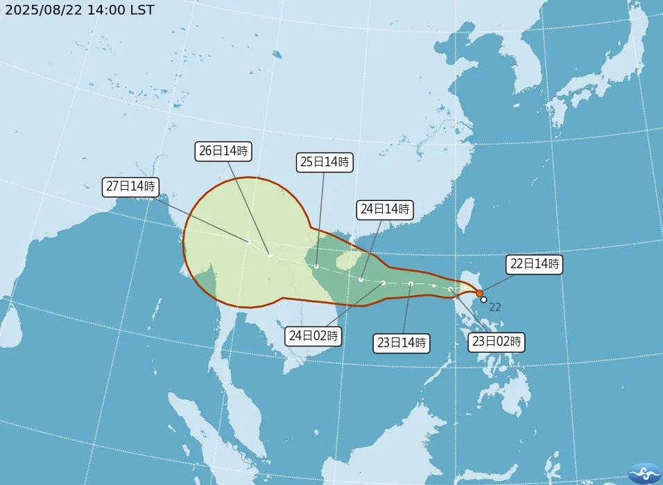 台灣南方的熱帶性低氣壓TD16最快將在23日成為劍魚颱風。（圖／翻攝自中央氣象署官網）