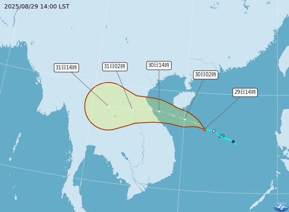 熱帶性低氣壓TD17有機會在30日登陸中南半島時，增強為今年第14號颱風「藍湖」。（圖／翻攝自中央氣象署官網）