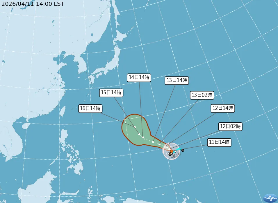 中颱辛樂克11日下午2時中心位置在鵝鑾鼻東南東方3590公里之處，不會對台灣造成影響。（圖／中央氣象署提供）